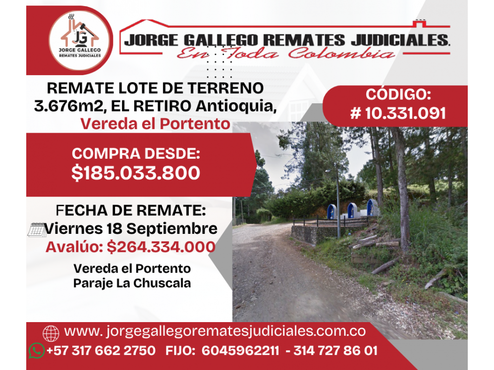 REMATE LOTE DE TERRENO 3.676m2, EL RETIRO Antioquia,