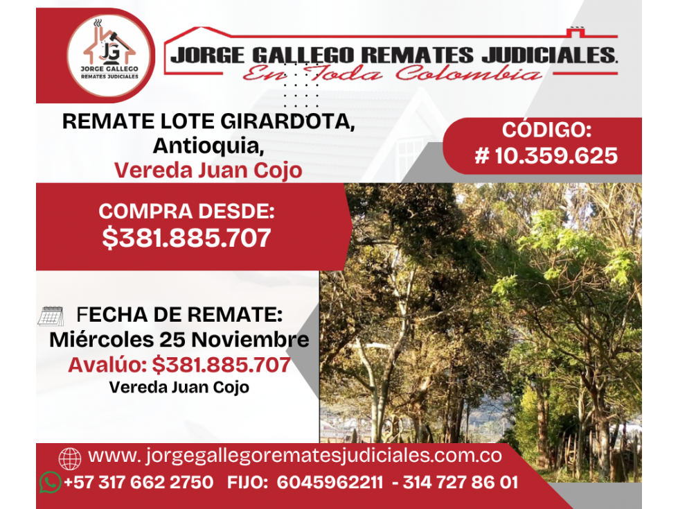 REMATE LOTE GIRARDOTA, Antioquia, Vereda Juan Cojo