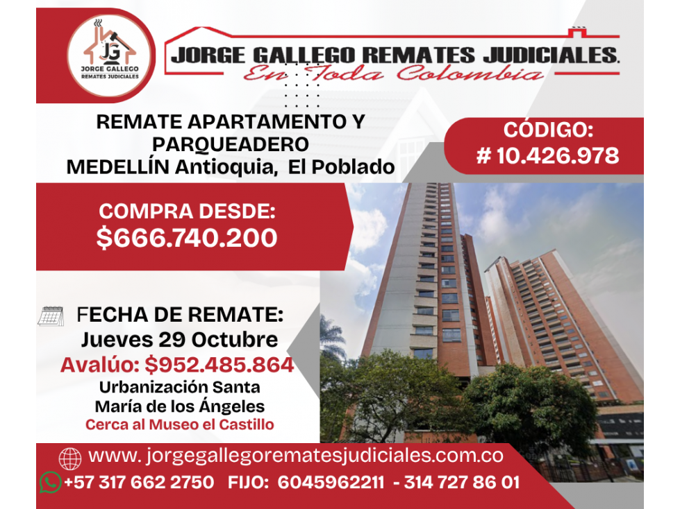 REMATE APARTAMENTO Y PARQUEADERO MEDELLÍN Antioquia, barrio El Poblado