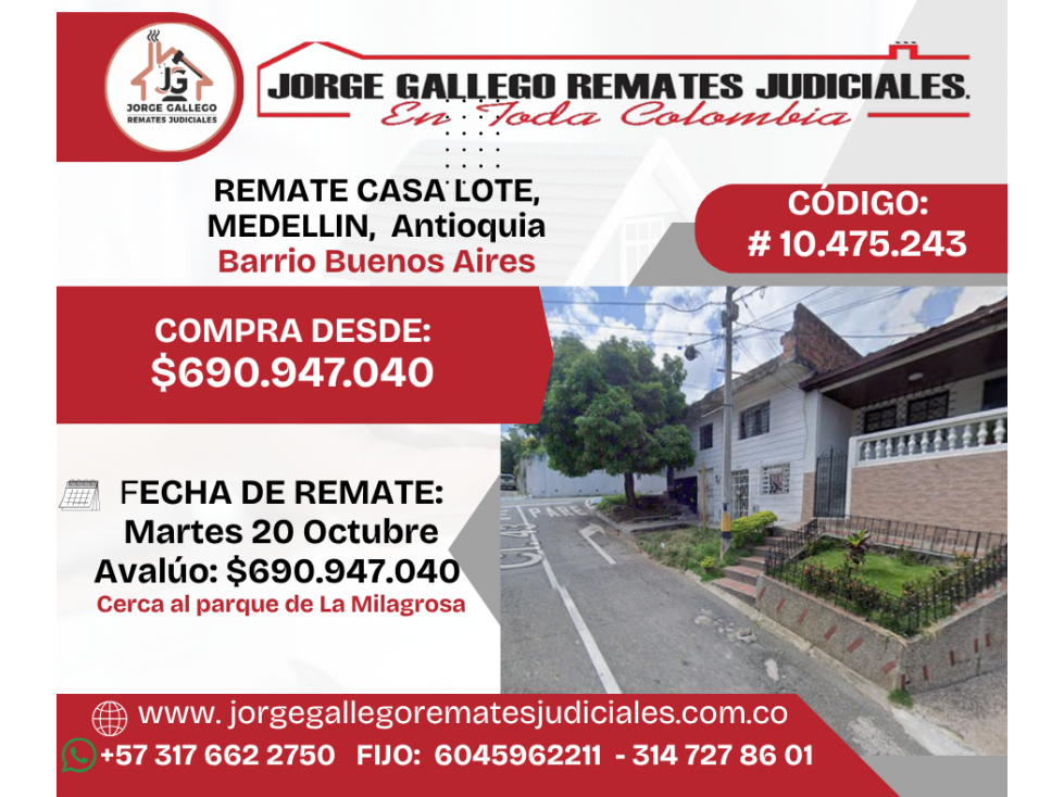 REMATE DE CASA LOTE, MEDELLIN, Barrio Buenos Aires,
