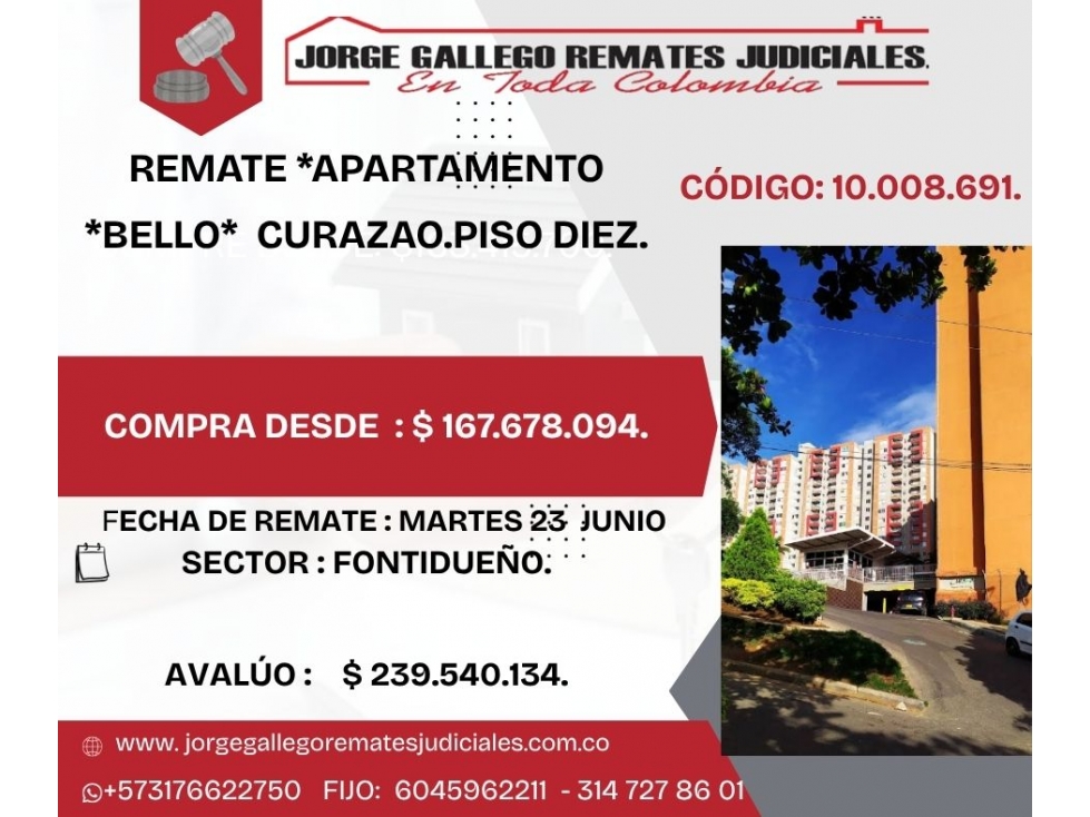 REMATE *APARTAMENTO * BELLO * CURAZAO.PISO DIEZ.