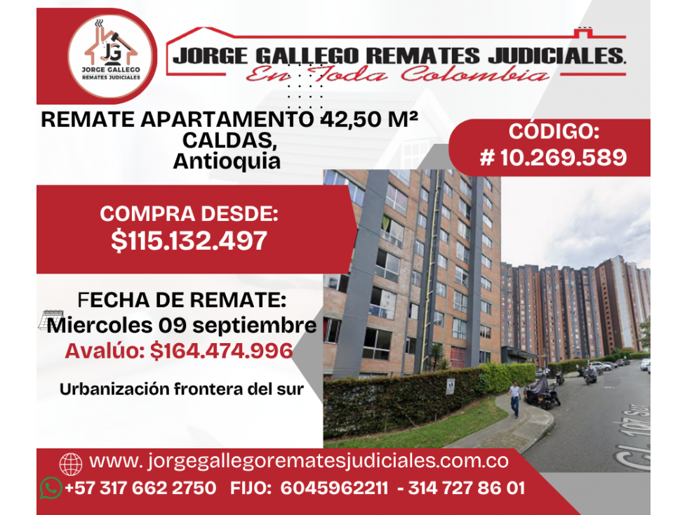 REMATE APARTAMENTO 42,50 M² CALDAS, Antioquia