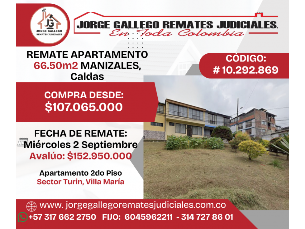 REMATE APARTAMENTO (66.50m2) MANIZALES, Caldas, Barrio Villa María