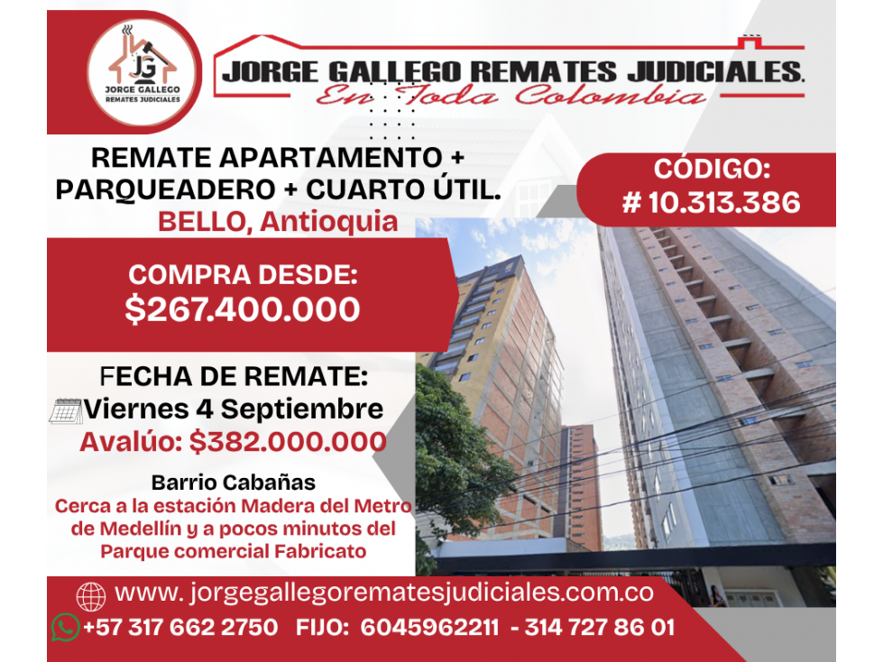 REMATE APARTAMENTO + PARQUEADERO + CUARTO ÚTIL. BELLO, Antioquia
