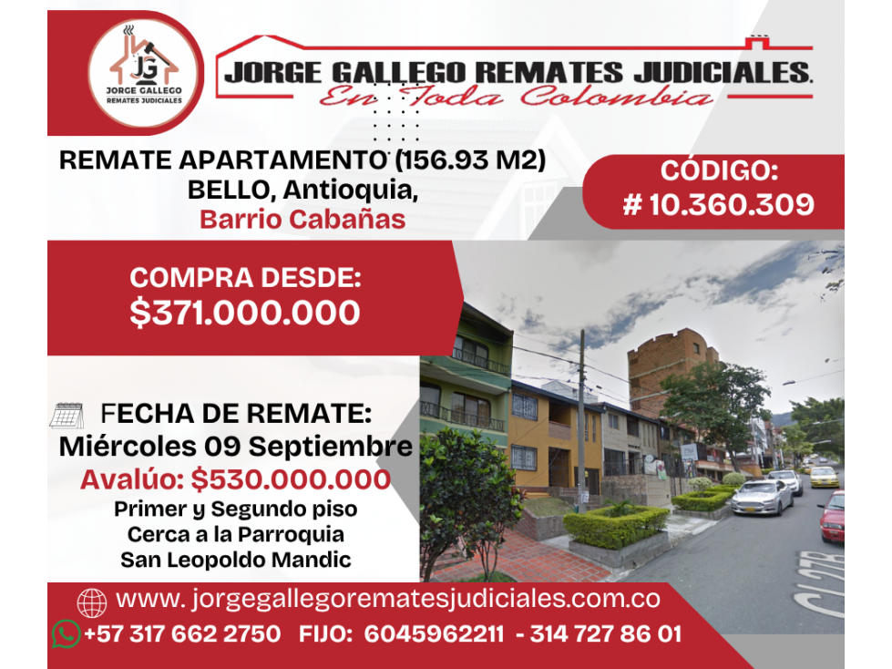 REMATE APARTAMENTO (156.93 M2) EN BELLO, Antioquia, Barrio Cabañas
