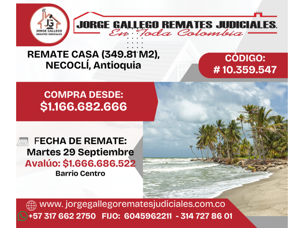 REMATE CASA (349.81 M2), NECOCLÍ, Antioquia.