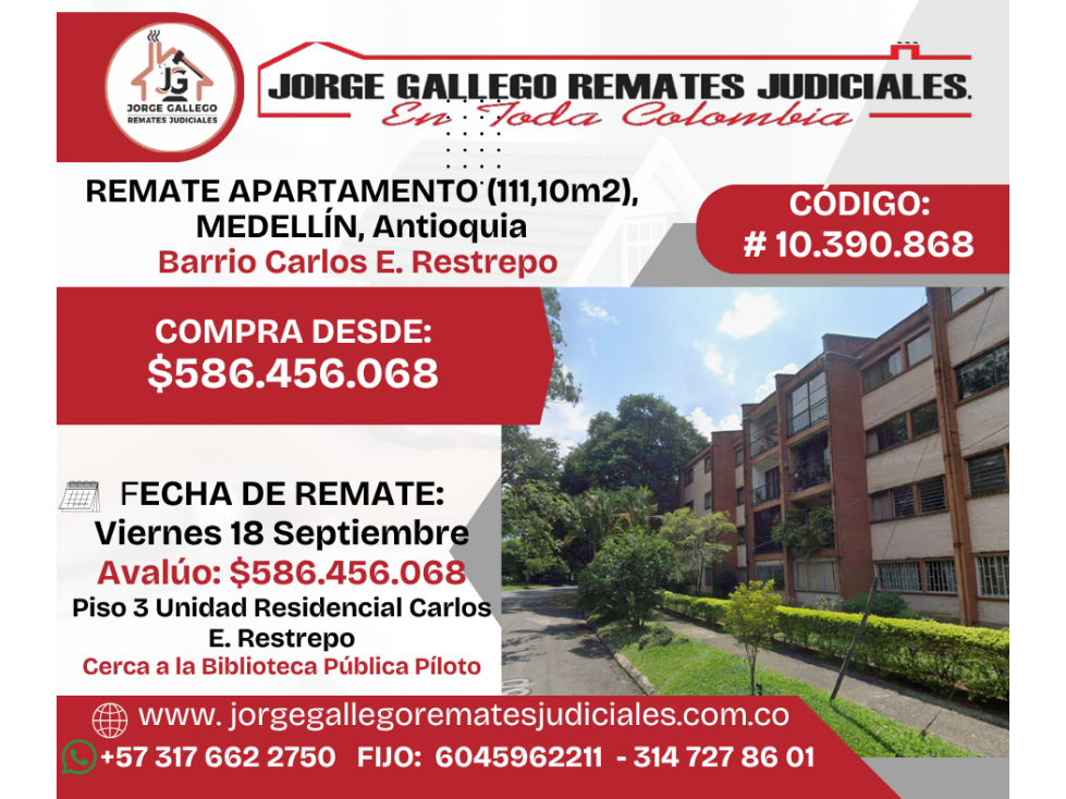 REMATE APARTAMENTO, MEDELLÍN, Antioquia Barrio Carlos E. Restrepo