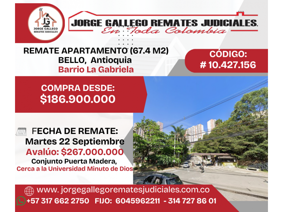 REMATE APARTAMENTO (67.4 M2) BELLO, Antioquia, Barrio Gabriela