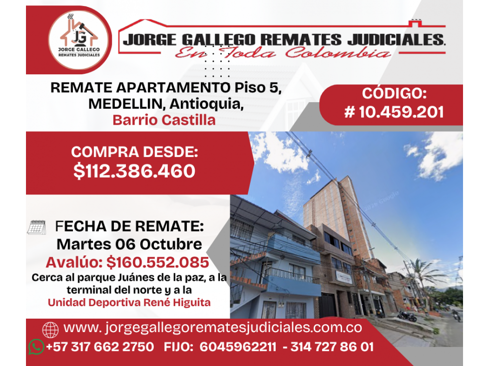 REMATE APARTAMENTO (5to PISO) EN MEDELLIN, Antioquia, Barrio Castilla