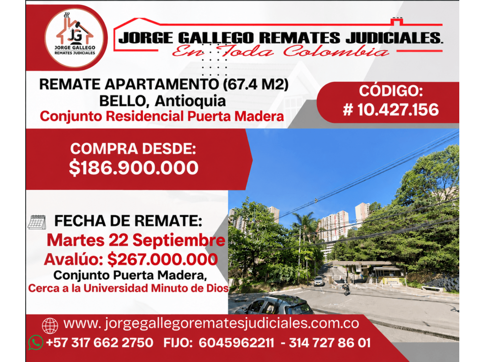 REMATE APARTAMENTO (67.4 M2) BELLO, Antioquia, Conjunto Puerta Madera