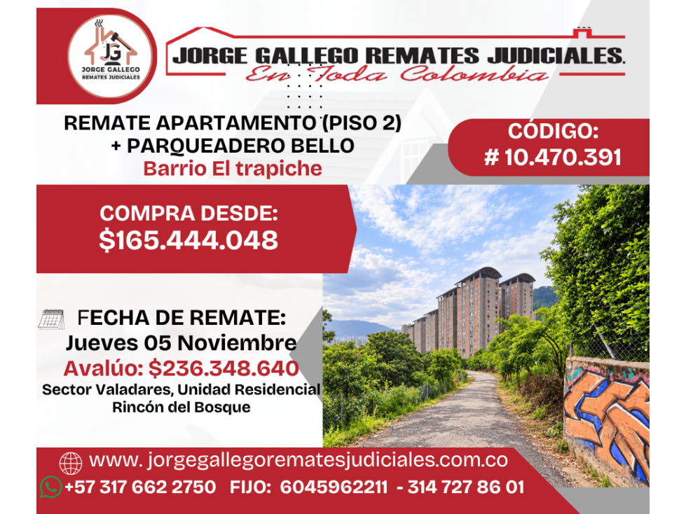 REMATE APARTAMENTO Y PARQUEADERO BELLO, El trapiche, (PISO 2)