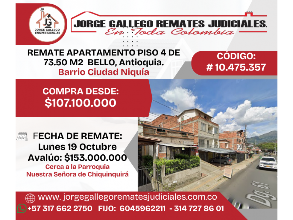 REMATE APARTAMENTO PISO 4 DE 73.50 M2 BELLO, Antioquia.Ciudad Niquía