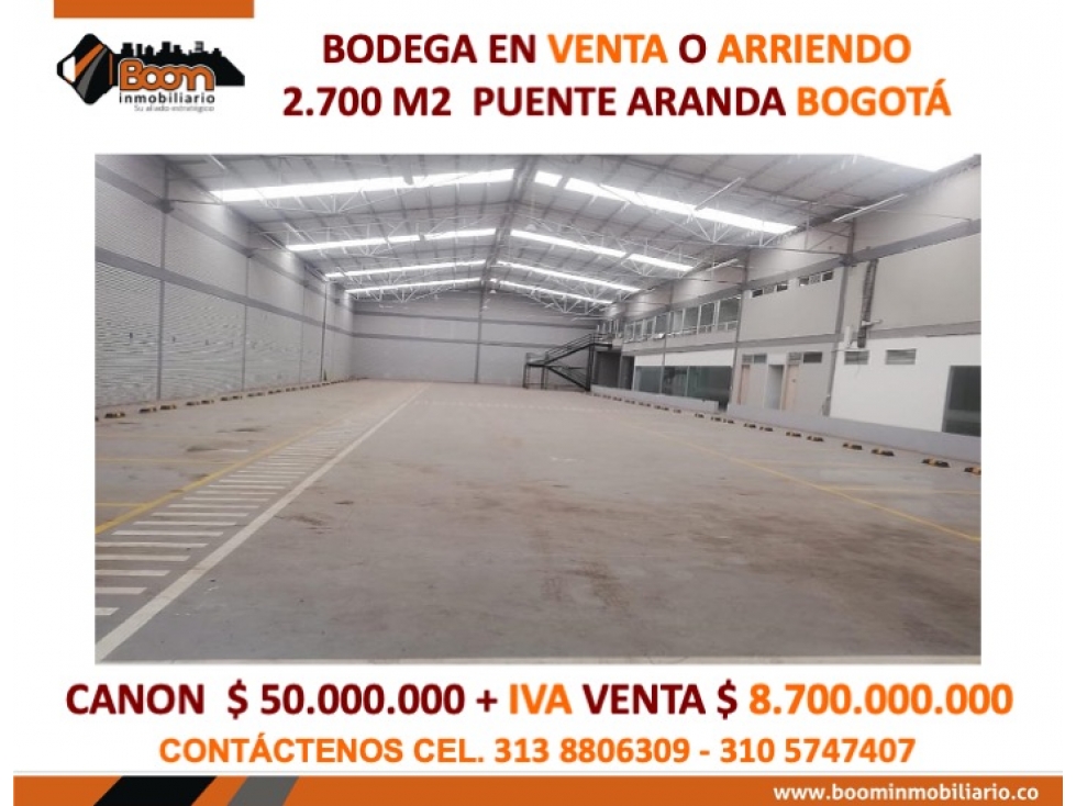 BODEGA VENTA O ARRIENDO 2.700 M2 PUENTE ARANDA