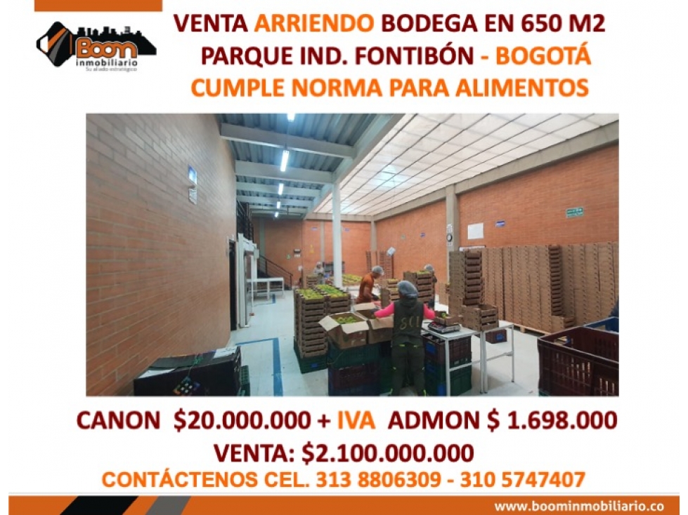 VENTA ARRIENDO BODEGA ALIMENTOS 650 M2 - AREA LIBRE 230 M2