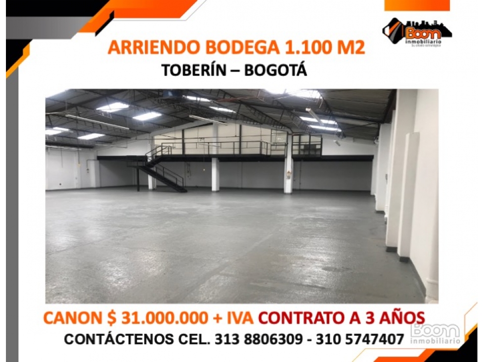 ARRIENDO BODEGA 1.100 M2 TOBERÍN BOGOTÁ