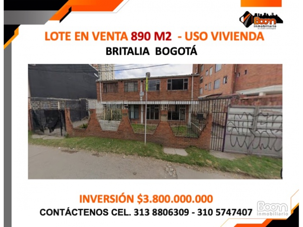 LOTE EN VENTA 890 M2 - USO VIVIENDA BRITALIA BOGOTÁ