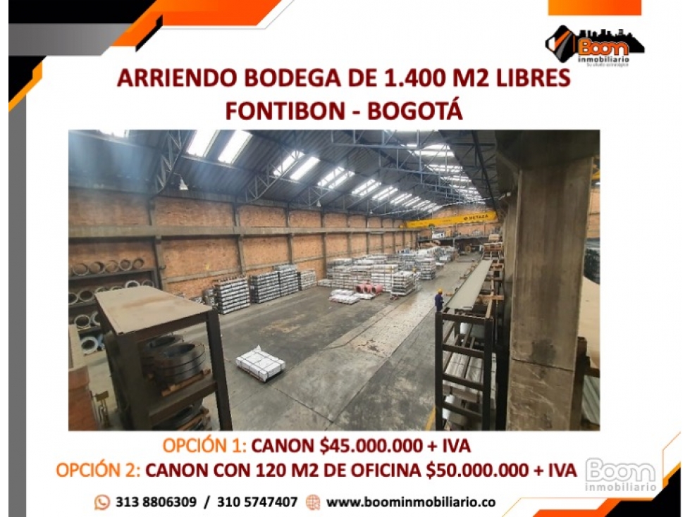 ARRIENDO BODEGA 1.400 M2 LIBRES - PUENTE GRUA - FONTIBON