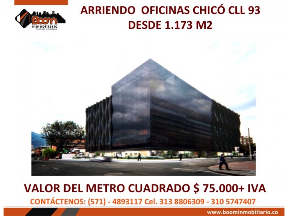 ARRIENDO OFICINAS CHICO CLL 93 DESDE 1.173 M2