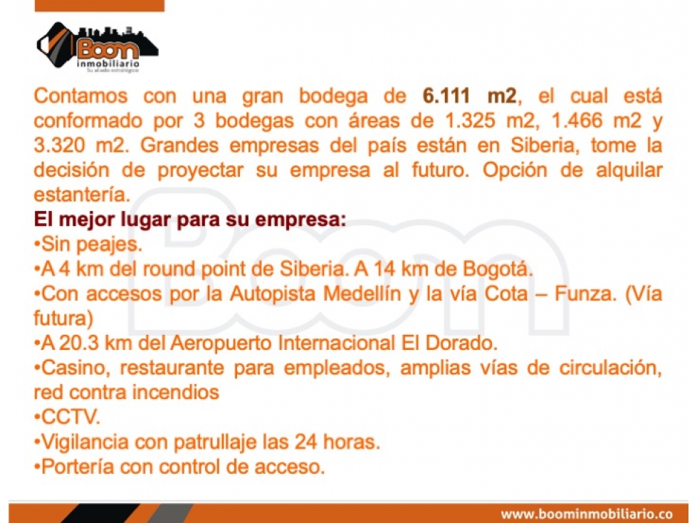 ARRIENDO 6.111 M2 DE BODEGA EN SIBERIA CALLE 80 - 2
