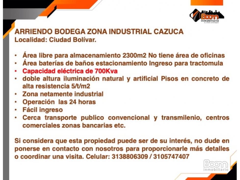 ARRIENDO BODEGA 2.300 M2 CON 700 KVA EN CAZUCÁ CIUDAD BOLIVAR — foto 2