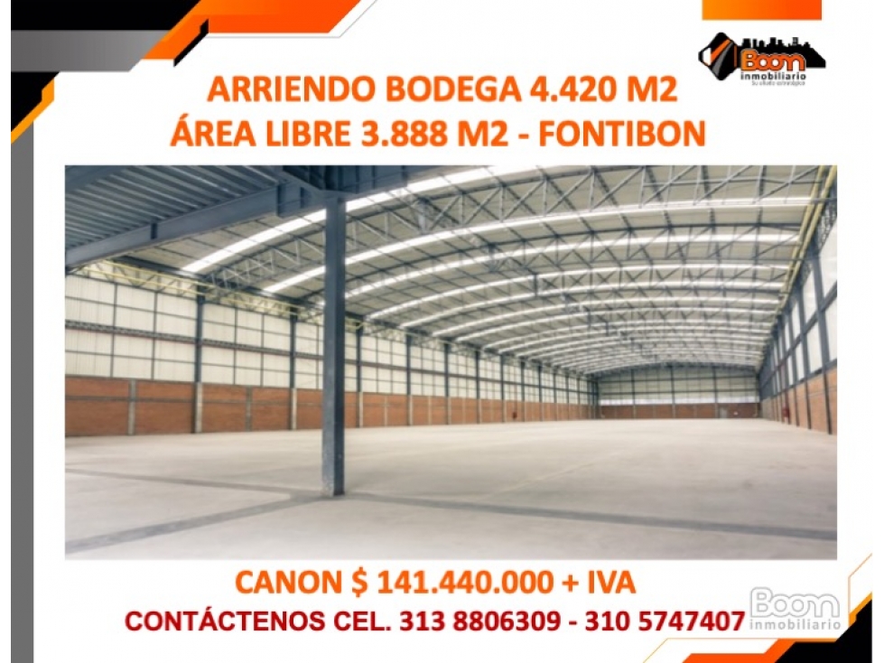 ARRIENDO BODEGA 4.420 M2 (AREA LIBRE 3.888 M2) FONTIBÓN