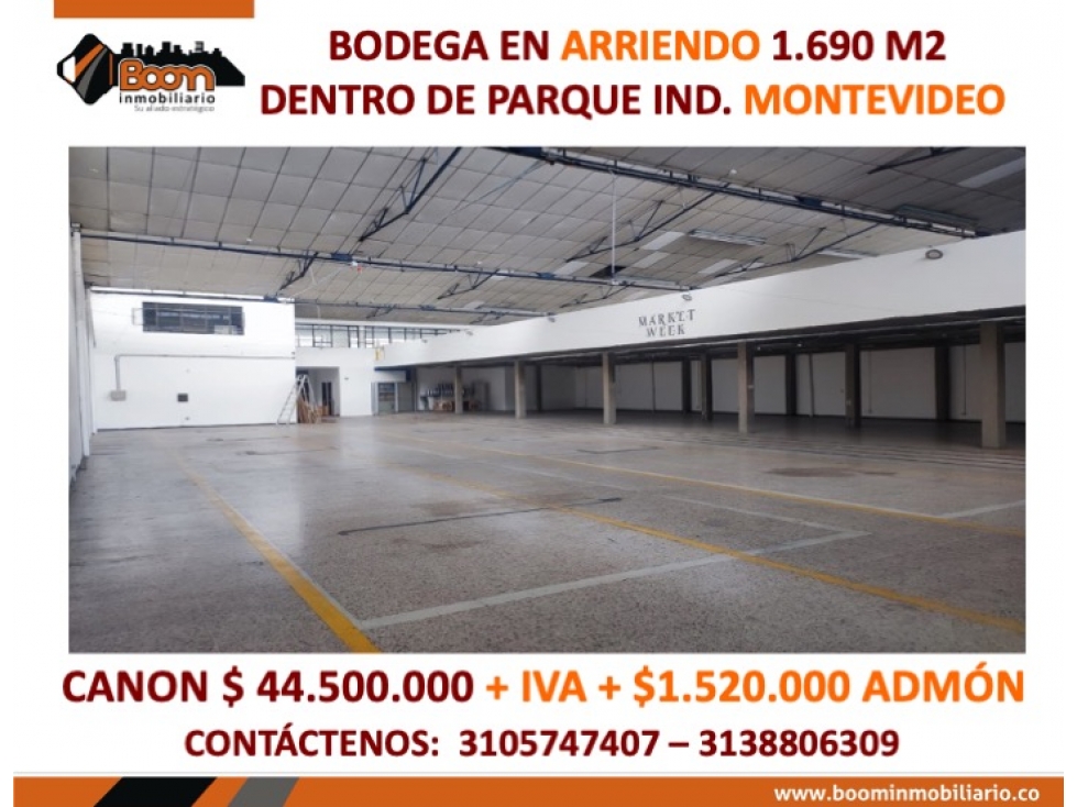 BODEGA EN ARRIENDO 1.690 M2 DENTRO DE PARQUE IND. MONTEVIDEO