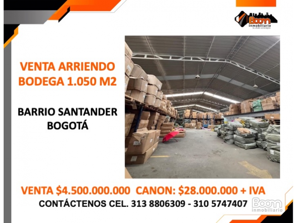 VENTA ARRIENDO BODEGA 1.050 M2 EN EL BARRIO SANTANDER