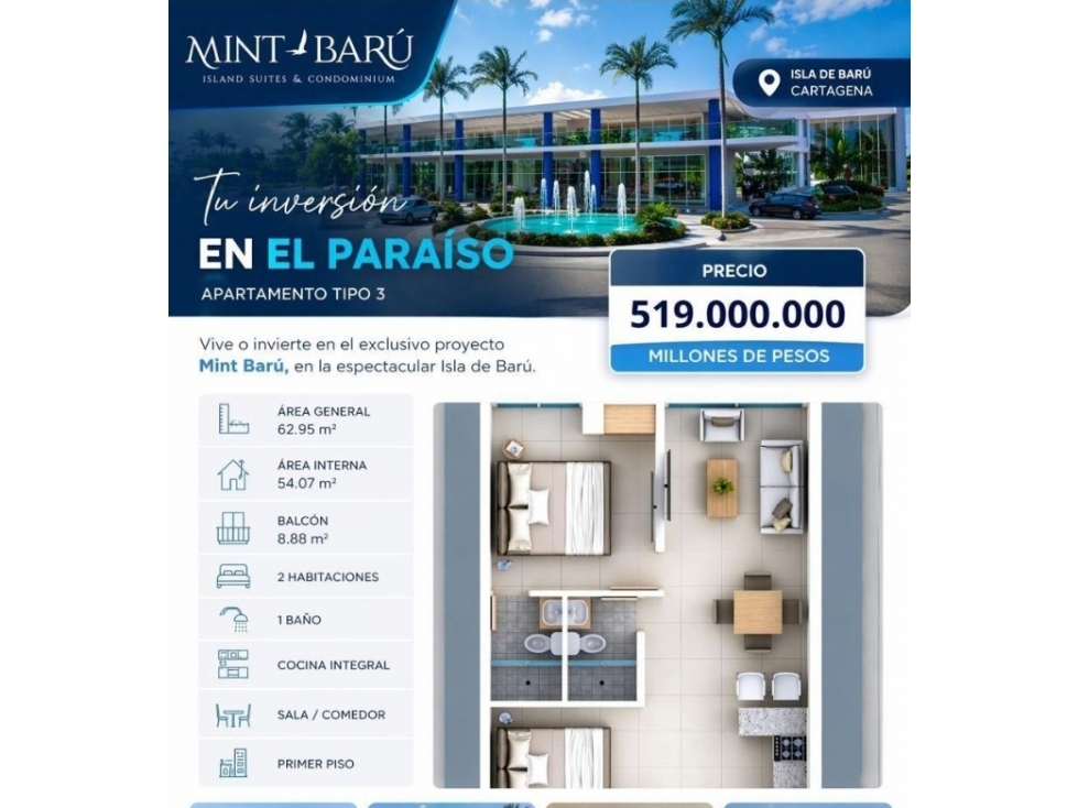 Cesión de Apartamento en Venta en Mint Baru en Cartagena