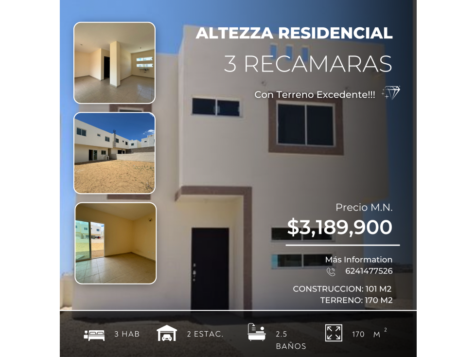 Casa 3 rec ALTEZZA RESIDENCIAL con terreno excedente