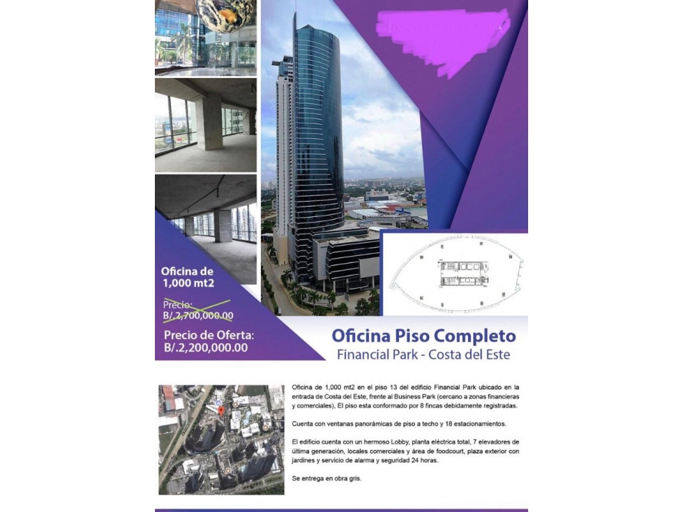 se vende super oficina de piso completo de 1000m2 costa del este