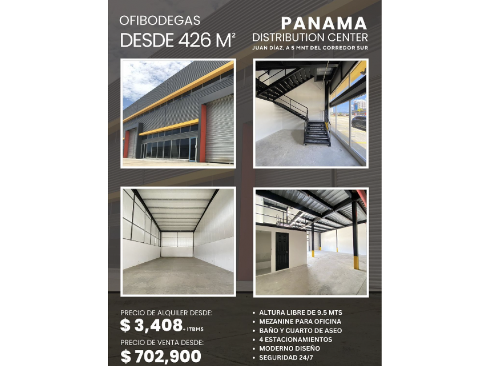 Ofibodega de 426 m²| 9.5 m de altura libre| a 5 min del Corredor Sur