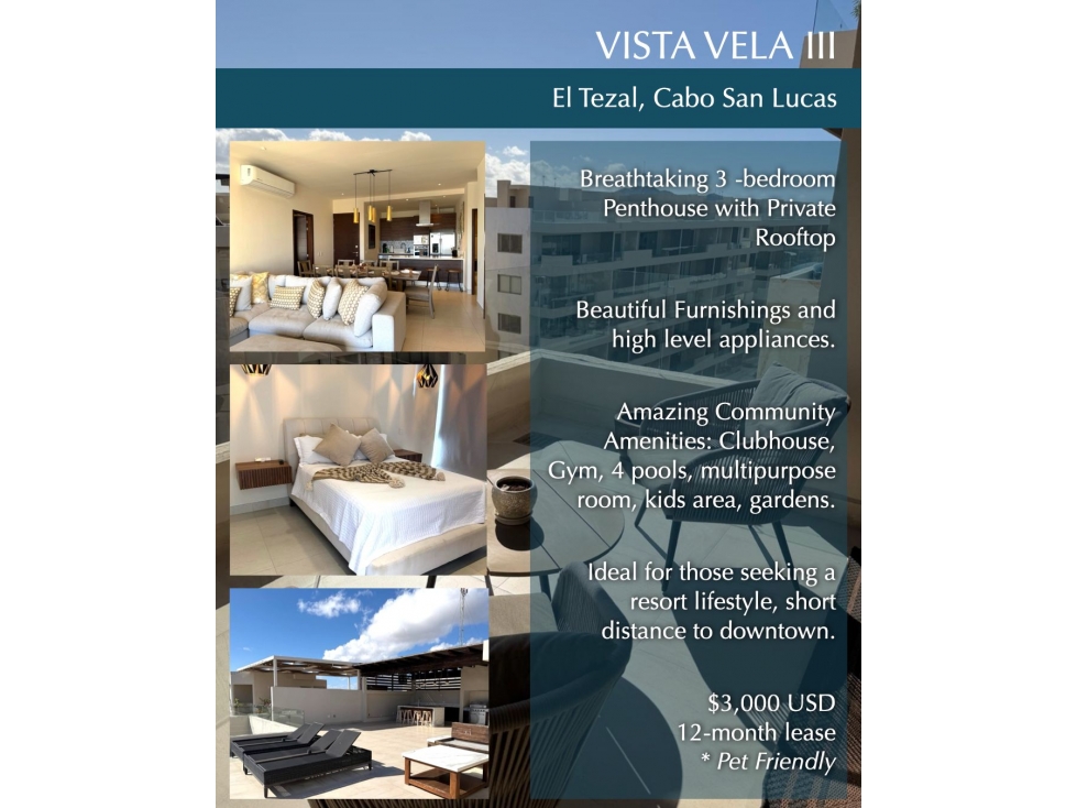RENTA PENTHOUSE VISTA VELA III EL TEZAL, CABO SAN LUCAS