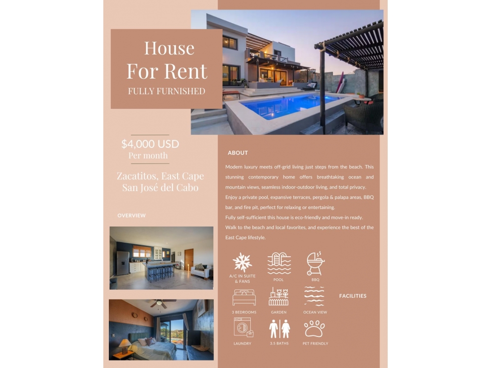 RENTA CASA ZACATITOS, EASTCAPE SAN JOSE DEL CABO $4,000 USD