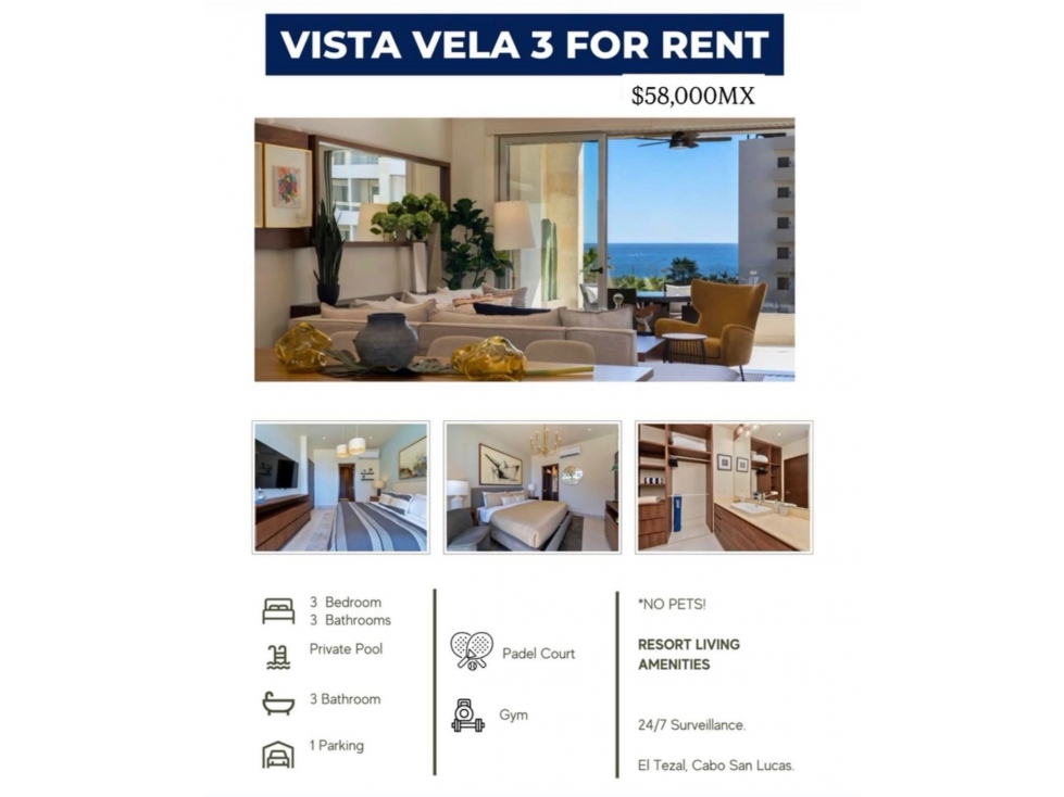 RENTA DE CONDOMINIO VISTA VELA 3 $58,000 MXN