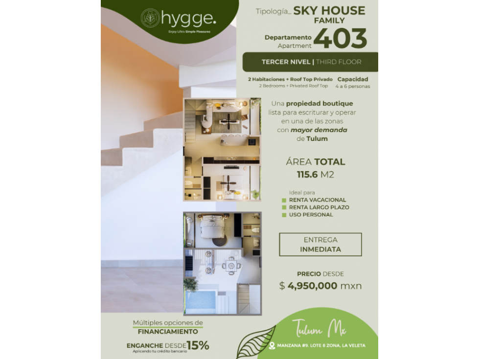 DEPARTAMENTO EN VENTA EN TULUM. 2 REC. SKY HOUSE FAMILY. ALF