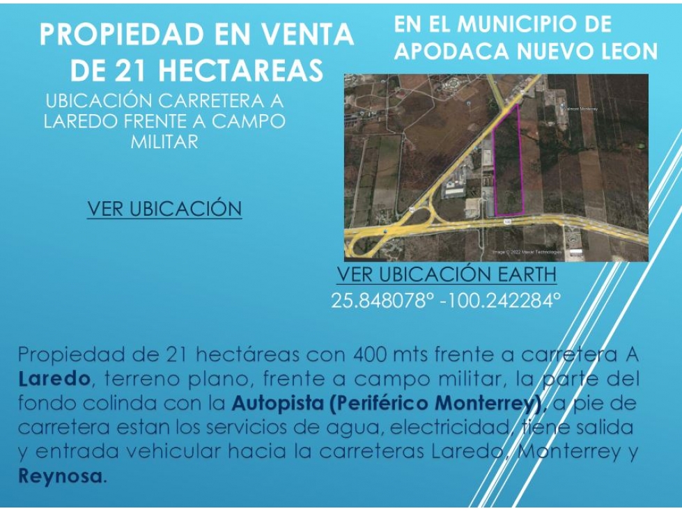 TERRENO VENTA 21 H FRENTE CARR LAREDO E INTERPUERTO $ 1550 M 2 - 1
