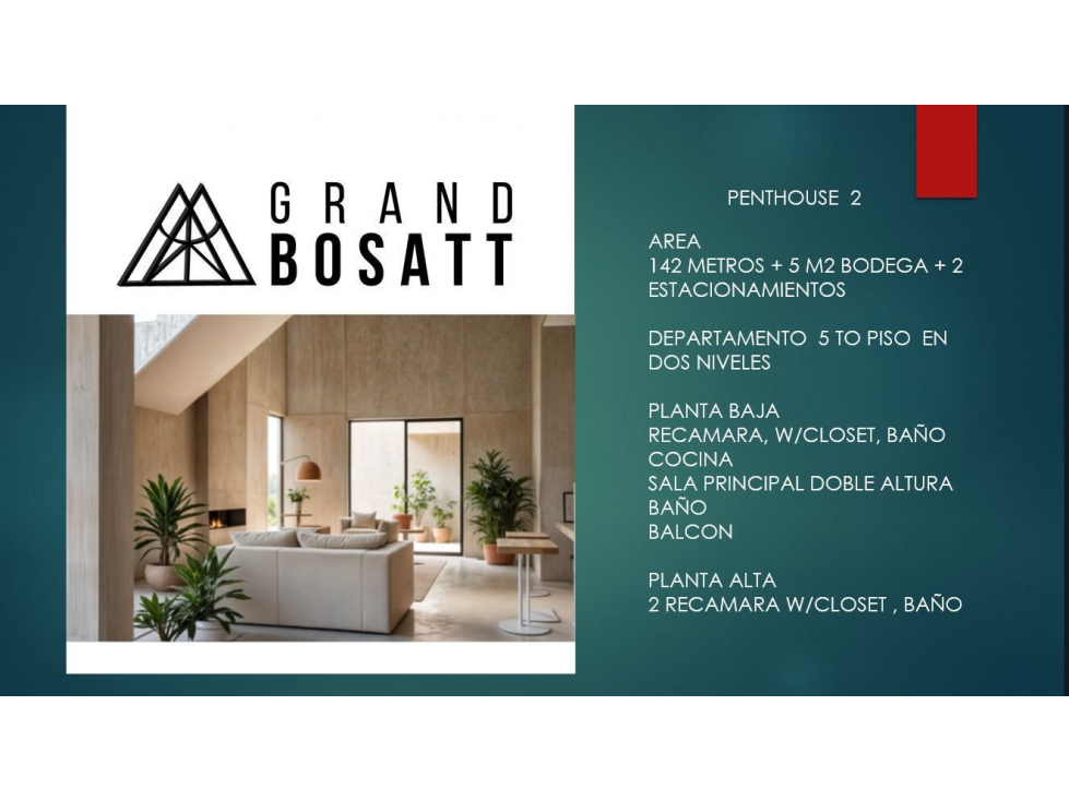 PENTHOUSE EN PREVENTA DE 2 RECAMARAS EN GRAND BOSATT DESDE