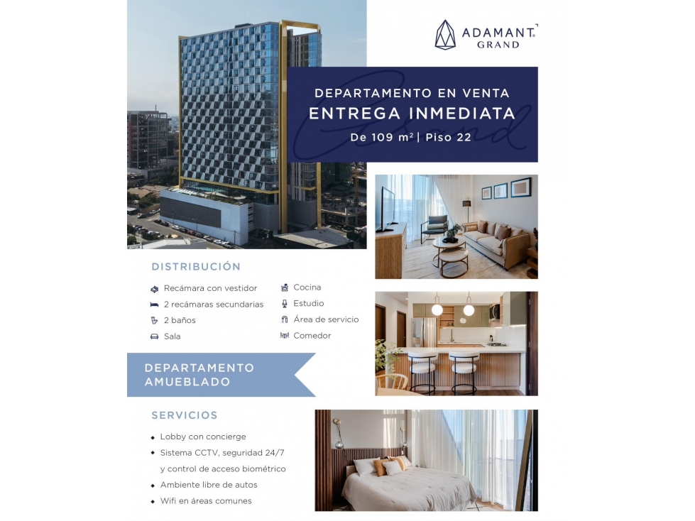 DEPTO AMUEBLADO EN TORRE ADAMANT GRAND PISO 22 ENTREGA INMEDIATA