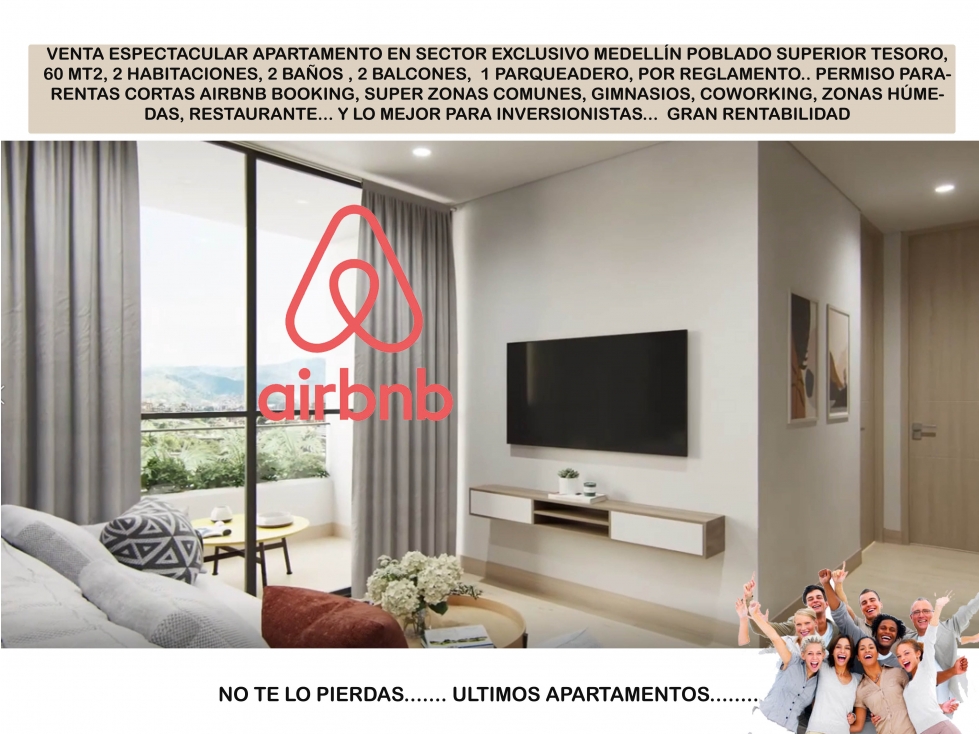 Venta apartamento Medellín poblado tesoro rentas cortas Airbnb
