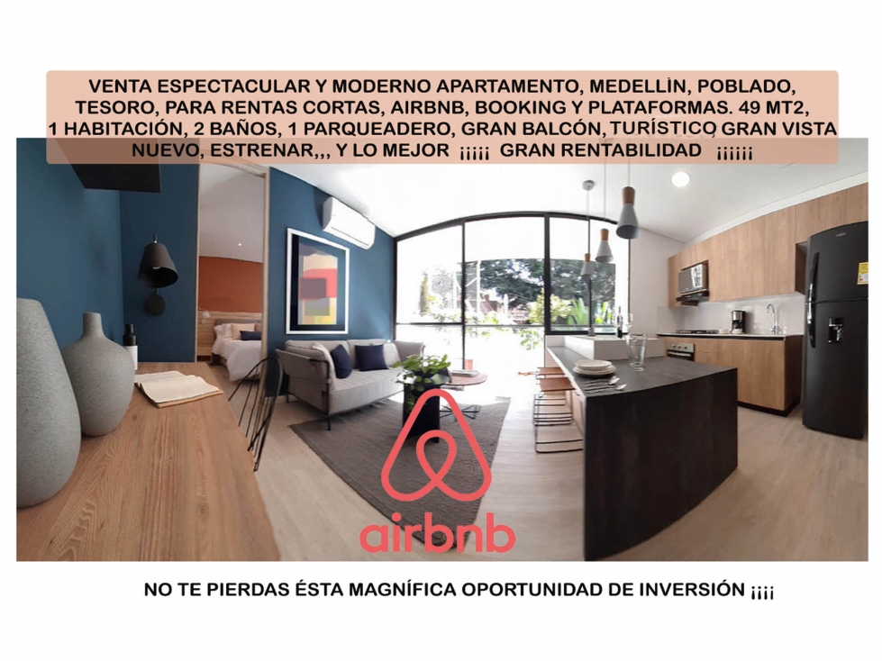 Venta apartamento Medellín poblado rentas cortas AIRBNB amoblado ganga