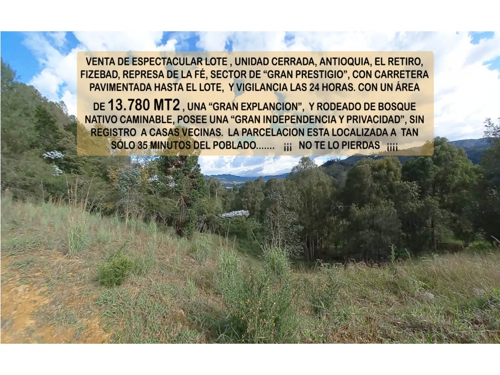 Venta lote parcelación retiro fizebad vista represa la fe 13.780 m2 — foto 4