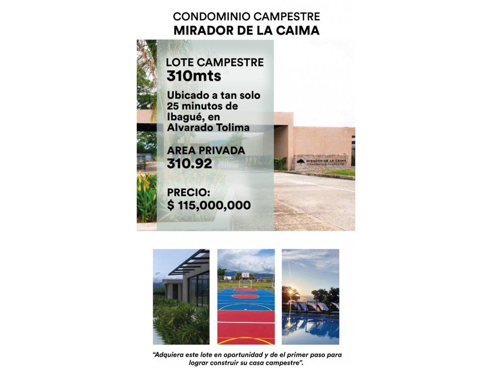 VENDO LOTE EN CONJUNTO CERRADO MIRADOR DE LA CAIMA ALVARADO