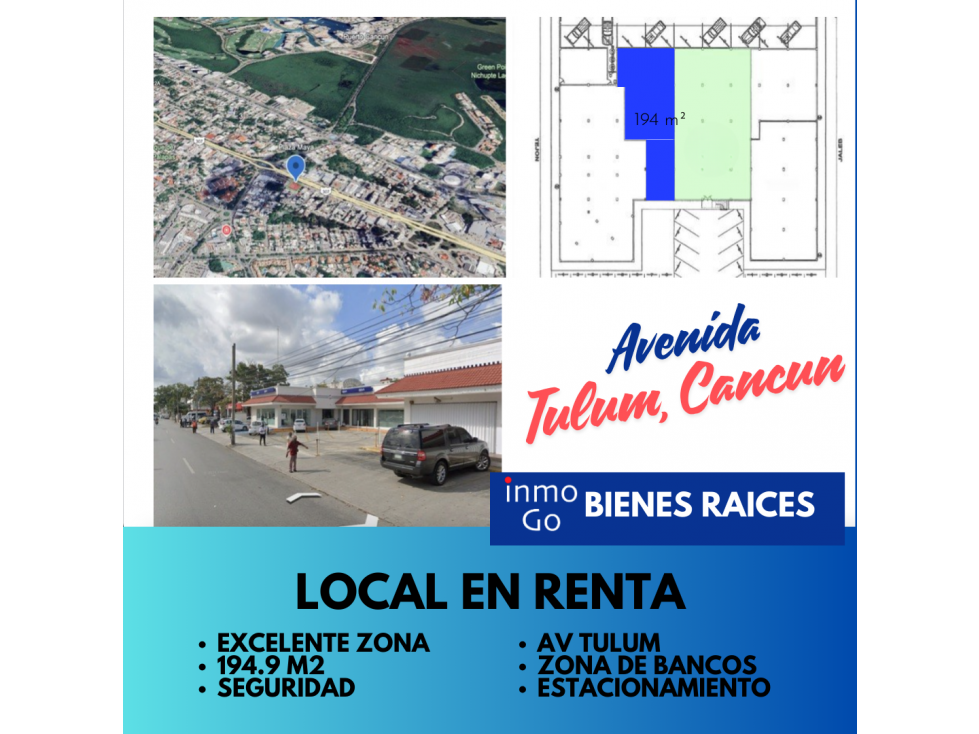 Renta Local Comercial Cancún, Av Tulum Sm 20 $67,900 mil + IVA 194.9m2 - 1