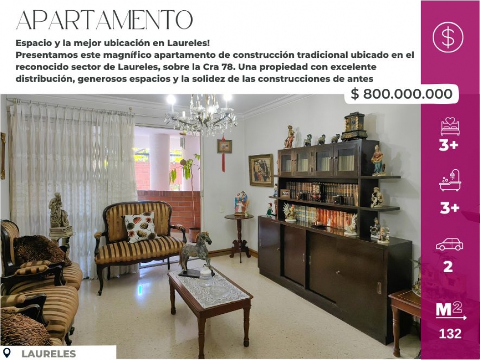 Amplio Apto de 132 m² en Laureles, sobre la Cra 78