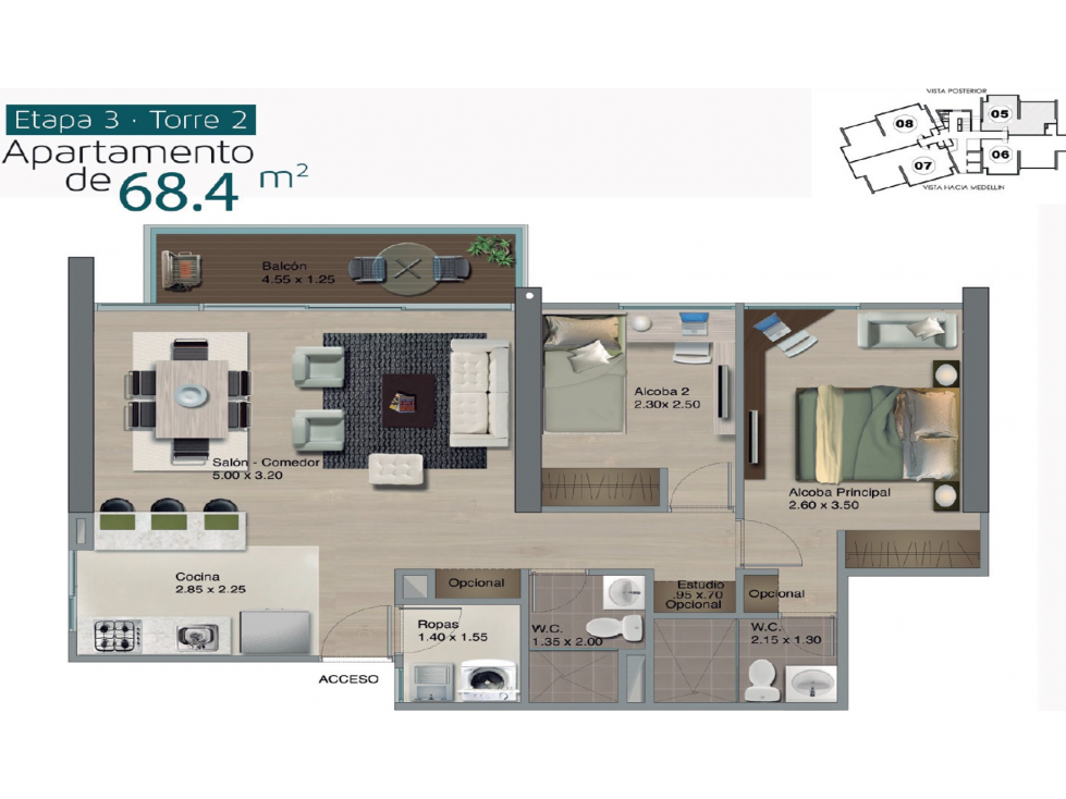 ARRIENDO APARTAMENTO AMOBLADO 68M2 PISO 14 LOMA DEL INDIO MEDELLÍN — foto 4