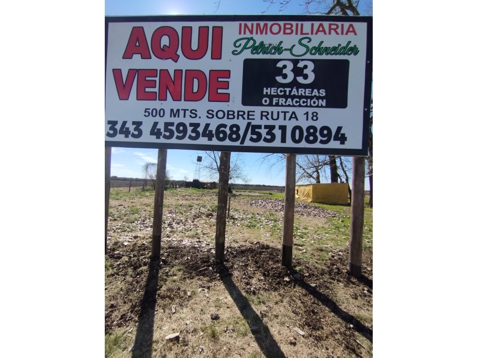 Se vende 33 has de campo con 26 has de chacra Ruta Nacional N°18 - 2