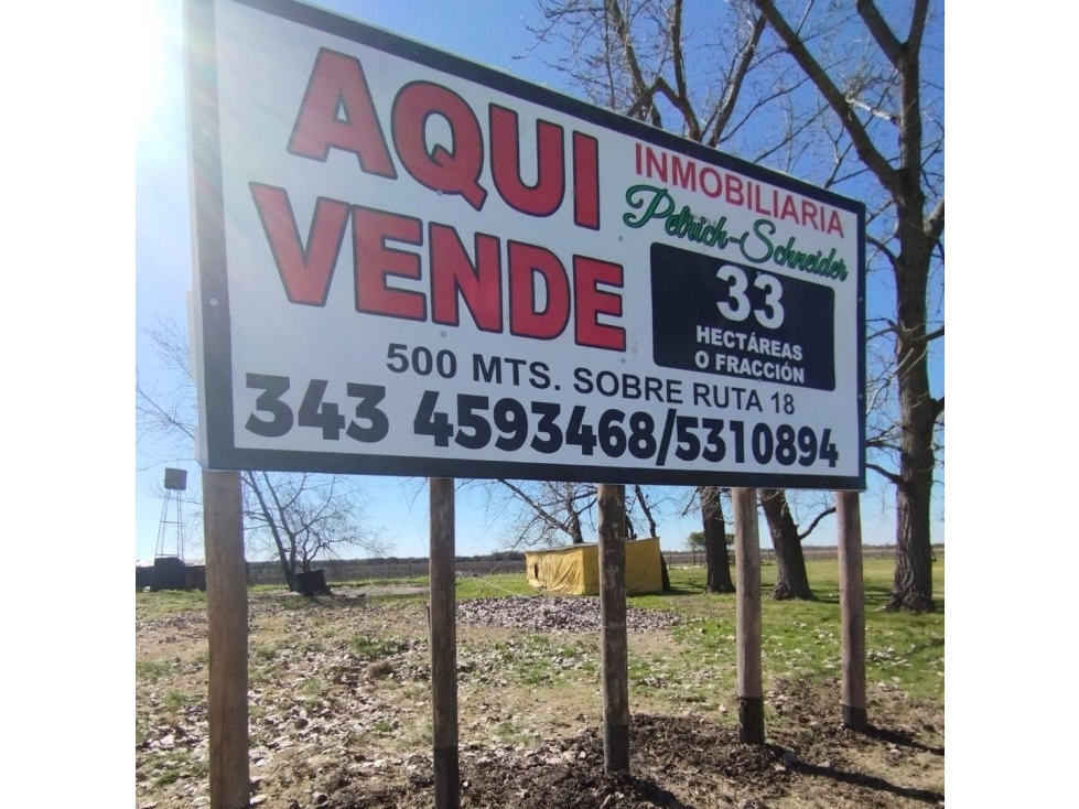 Se vende campo de 33 has o fracción a 500 metros de ruta 18 - 2