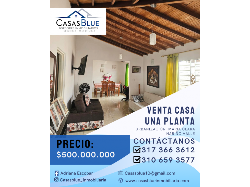 SE VENDE CASA URBANIZACIÓN MARIA CLARA NARIÑO VALLE 