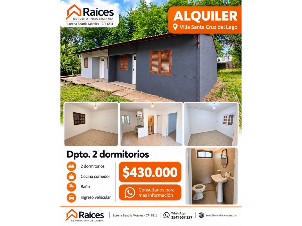 ¡ALQUILER ANUAL EN VILLA SANTA CRUZ DEL LAGO! Dpto dos dorm