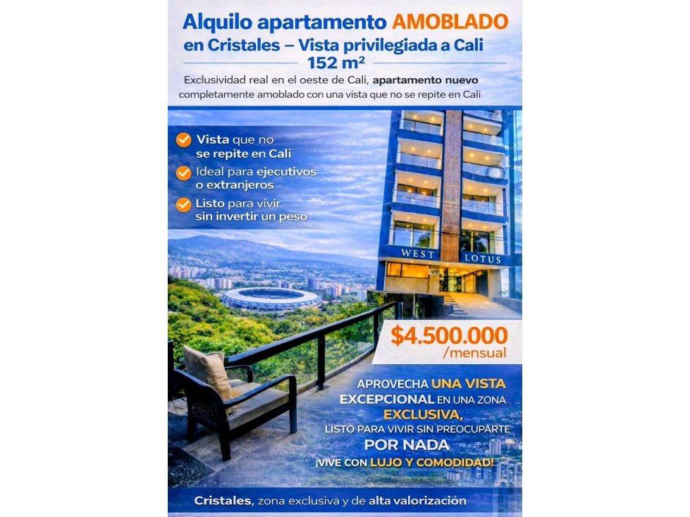 Alquilo apartamento oeste de cali 152 m2 barrio cristales amoblablado - 1